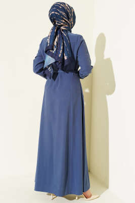 Boydan Düğmeli Kemerli Tensel Elbise İndigo - Elbise