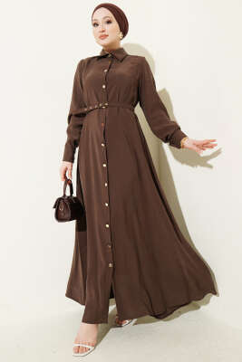 Boydan Düğmeli Kemerli Tensel Elbise Kahve - BERAT TEKSTİL