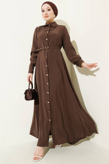 Boydan Düğmeli Kemerli Tensel Elbise Kahve - Elbise
