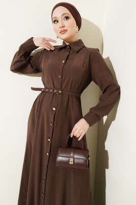 Boydan Düğmeli Kemerli Tensel Elbise Kahve - Elbise