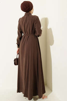 Boydan Düğmeli Kemerli Tensel Elbise Kahve - Elbise