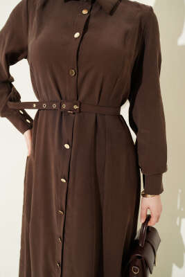 Boydan Düğmeli Kemerli Tensel Elbise Kahve - Elbise