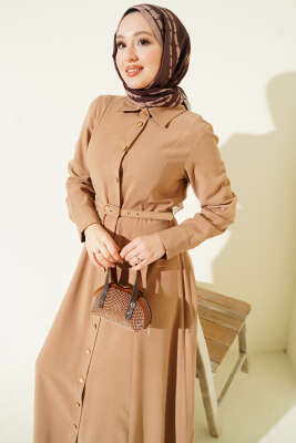 Boydan Düğmeli Kemerli Tensel Elbise Latte - Elbise