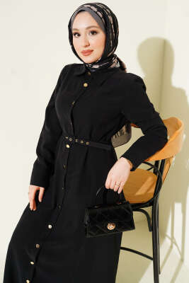 Boydan Düğmeli Kemerli Tensel Elbise Siyah - Elbise