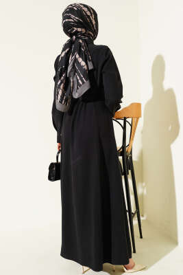 Boydan Düğmeli Kemerli Tensel Elbise Siyah - Elbise