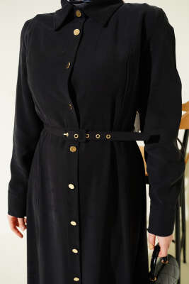 Boydan Düğmeli Kemerli Tensel Elbise Siyah - Elbise