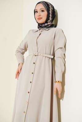 Boydan Düğmeli Kemerli Tensel Elbise Taş - Elbise