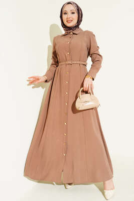 Boydan Düğmeli Kemerli Tensel Elbise Vizon - BERAT TEKSTİL