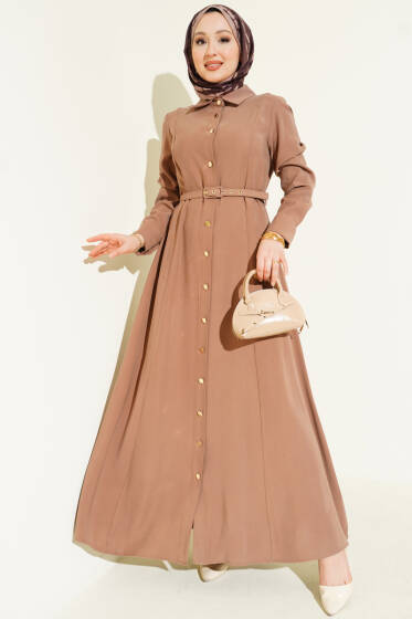 Boydan Düğmeli Kemerli Tensel Elbise Vizon - Elbise
