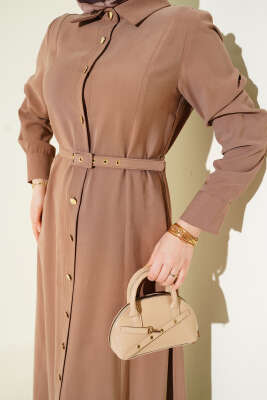 Boydan Düğmeli Kemerli Tensel Elbise Vizon - Elbise