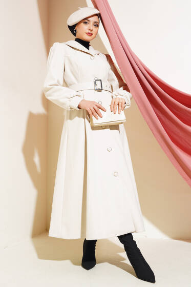 Boydan Düğmeli Kemerli Uzun Kaşe Kaban Bej - Kaban