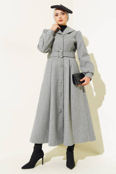 Boydan Düğmeli Kemerli Uzun Kaşe Kaban Gri - Kaban