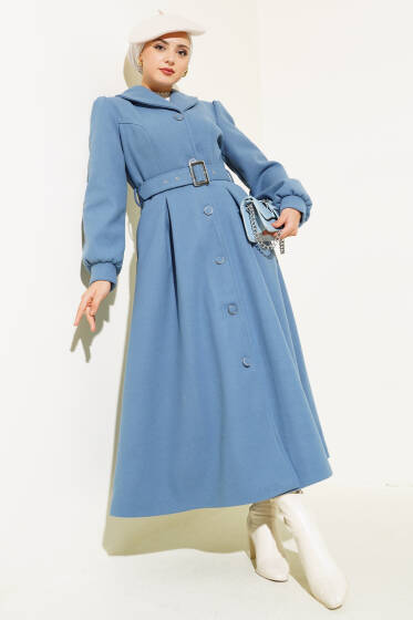 Boydan Düğmeli Kemerli Uzun Kaşe Kaban İndigo - Kaban