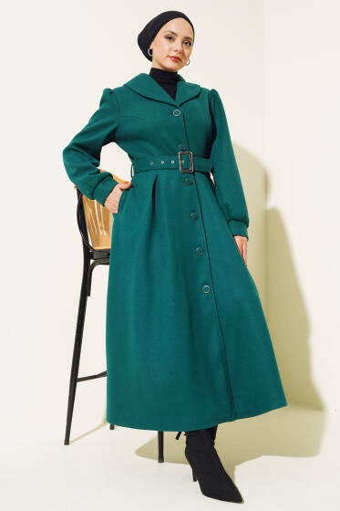 Boydan Düğmeli Kemerli Uzun Kaşe Kaban Zümrüt - Kaban