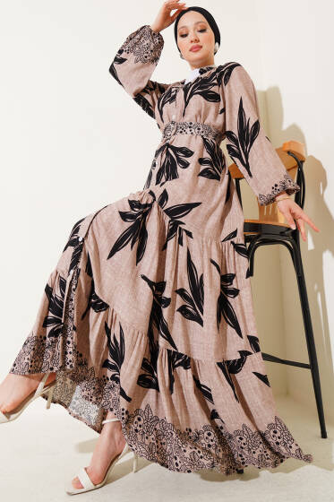 Boydan Düğmeli Kemerli Yaprak Desenli Elbise Bej - Elbise