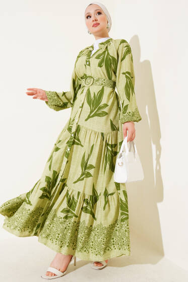 Boydan Düğmeli Kemerli Yaprak Desenli Elbise Çağla Yeşili - Elbise