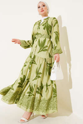 Boydan Düğmeli Kemerli Yaprak Desenli Elbise Çağla Yeşili - Tesettür Elbise
