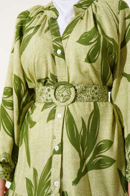 Boydan Düğmeli Kemerli Yaprak Desenli Elbise Çağla Yeşili - Tesettür Elbise