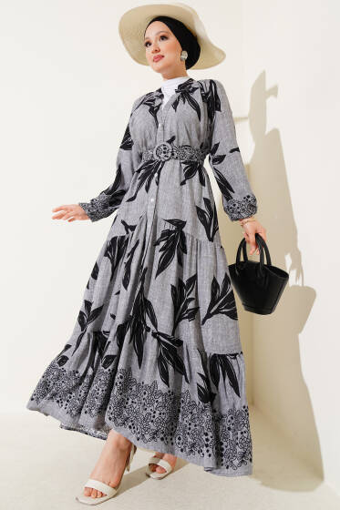 Boydan Düğmeli Kemerli Yaprak Desenli Elbise Gri - Elbise