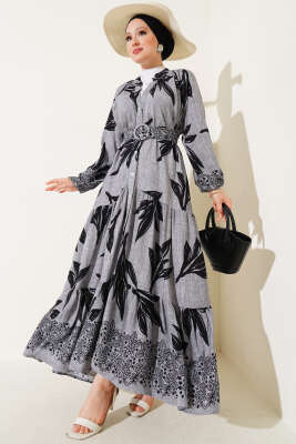 Boydan Düğmeli Kemerli Yaprak Desenli Elbise Gri 