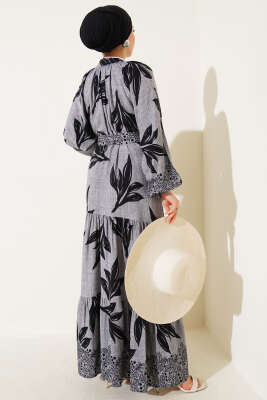 Boydan Düğmeli Kemerli Yaprak Desenli Elbise Gri - Tesettür Elbise