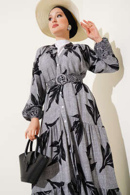 Boydan Düğmeli Kemerli Yaprak Desenli Elbise Gri - Tesettür Elbise