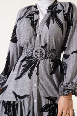 Boydan Düğmeli Kemerli Yaprak Desenli Elbise Gri - Tesettür Elbise