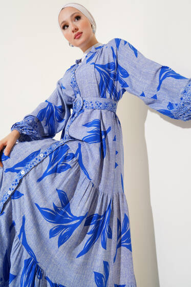 Boydan Düğmeli Kemerli Yaprak Desenli Elbise Mavi - Elbise