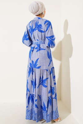 Boydan Düğmeli Kemerli Yaprak Desenli Elbise Mavi - Tesettür Elbise
