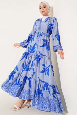 Boydan Düğmeli Kemerli Yaprak Desenli Elbise Mavi - Tesettür Elbise