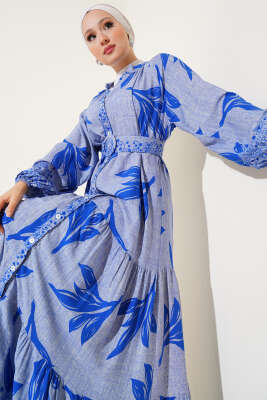 Boydan Düğmeli Kemerli Yaprak Desenli Elbise Mavi 