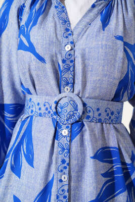 Boydan Düğmeli Kemerli Yaprak Desenli Elbise Mavi - Tesettür Elbise