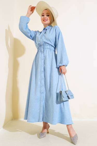 Boydan Düğmeli Keten Elbise Mavi - Elbise