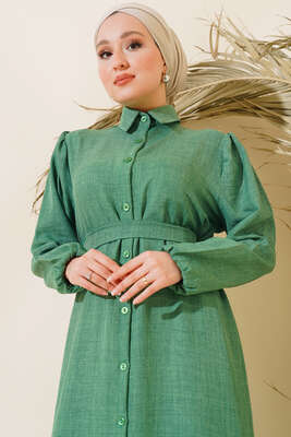 Boydan Düğmeli Keten Elbise Yeşil - Thumbnail