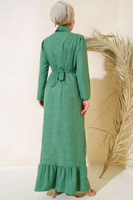 Boydan Düğmeli Keten Elbise Yeşil - Thumbnail