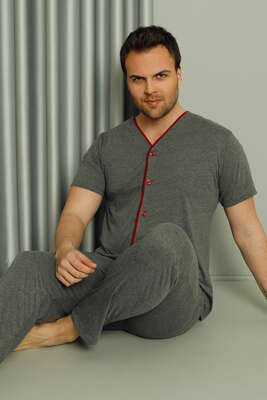 Boydan Düğmeli Kısa Kol Erkek Pijama Takım Füme 