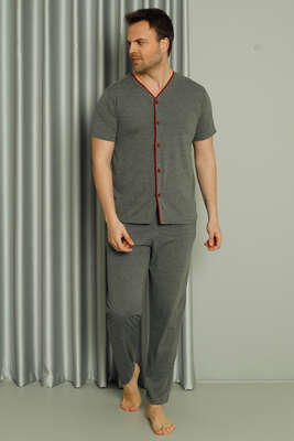 Boydan Düğmeli Kısa Kol Erkek Pijama Takım Füme - Kadın Pijama Takımı