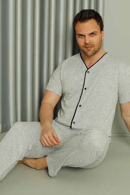 Boydan Düğmeli Kısa Kol Erkek Pijama Takım Gri - Kadın Pijama Takımı