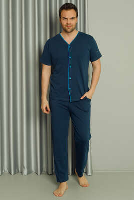 Boydan Düğmeli Kısa Kol Erkek Pijama Takım İndigo