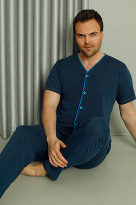 Boydan Düğmeli Kısa Kol Erkek Pijama Takım İndigo - Kadın Pijama Takımı