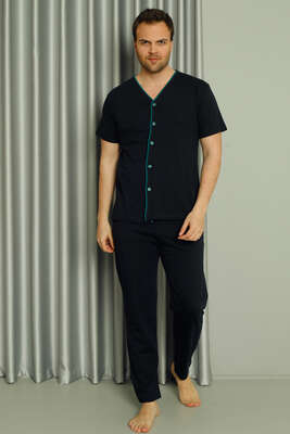 Boydan Düğmeli Kısa Kol Erkek Pijama Takım Lacivert - Kadın Pijama Takımı