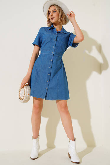 Boydan Düğmeli Kısa Kol Kot Elbise Kot - Kadın Giyim Modelleri