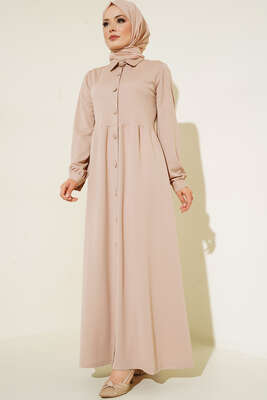 Boydan Düğmeli Klasik Yaka Elbise Bej - Thumbnail