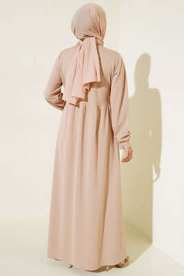 Boydan Düğmeli Klasik Yaka Elbise Bej - Thumbnail