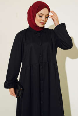 Boydan Düğmeli Klasik Yaka Elbise Siyah - Thumbnail
