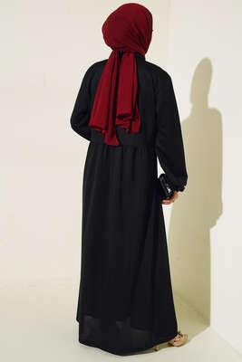 Boydan Düğmeli Klasik Yaka Elbise Siyah - Thumbnail
