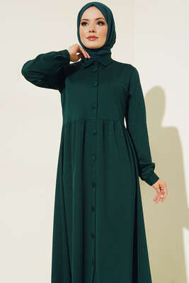 Boydan Düğmeli Klasik Yaka Elbise Zümrüt - Thumbnail