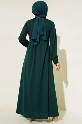 Boydan Düğmeli Klasik Yaka Elbise Zümrüt - Thumbnail