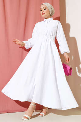Boydan Düğmeli Kol Bilekleri Lastikli Elbise Beyaz - Tesettür Elbise