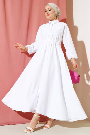 Boydan Düğmeli Kol Bilekleri Lastikli Elbise Beyaz - Tesettür Elbise